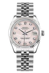 Rolex Datejust 31 Pink Mother Of Pearl Set Diamonds Dial White Gold Fluted Bezel Jubilee Ladies